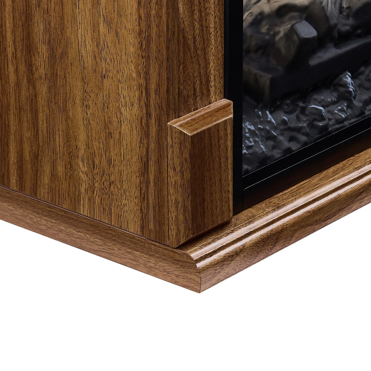 TV cabinet with electric fireplace and easy-glide caster wheels for mobility.