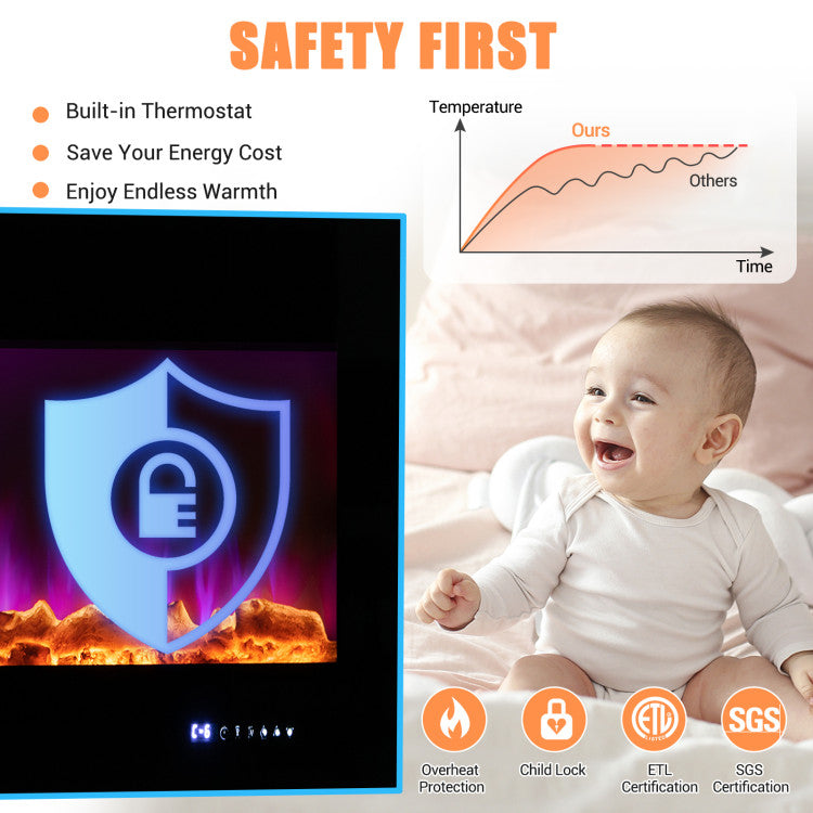 Wall fireplace heater with adjustable flame brightness