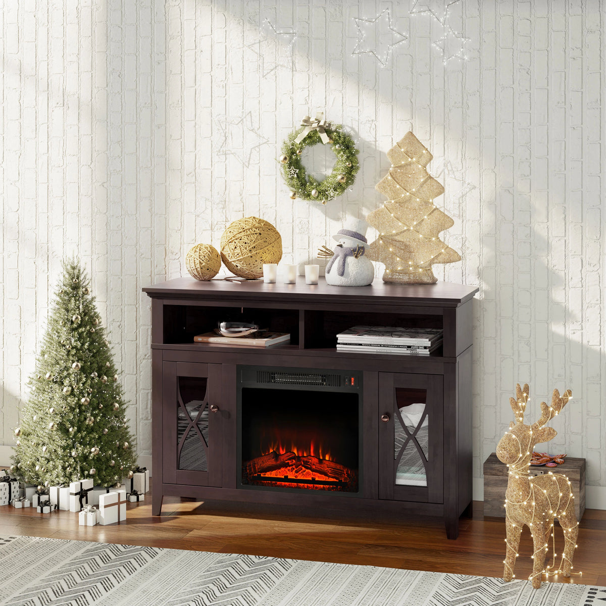 HOMCOM Electric Fireplace Entertainment Center for 50” TV, Dark Brown