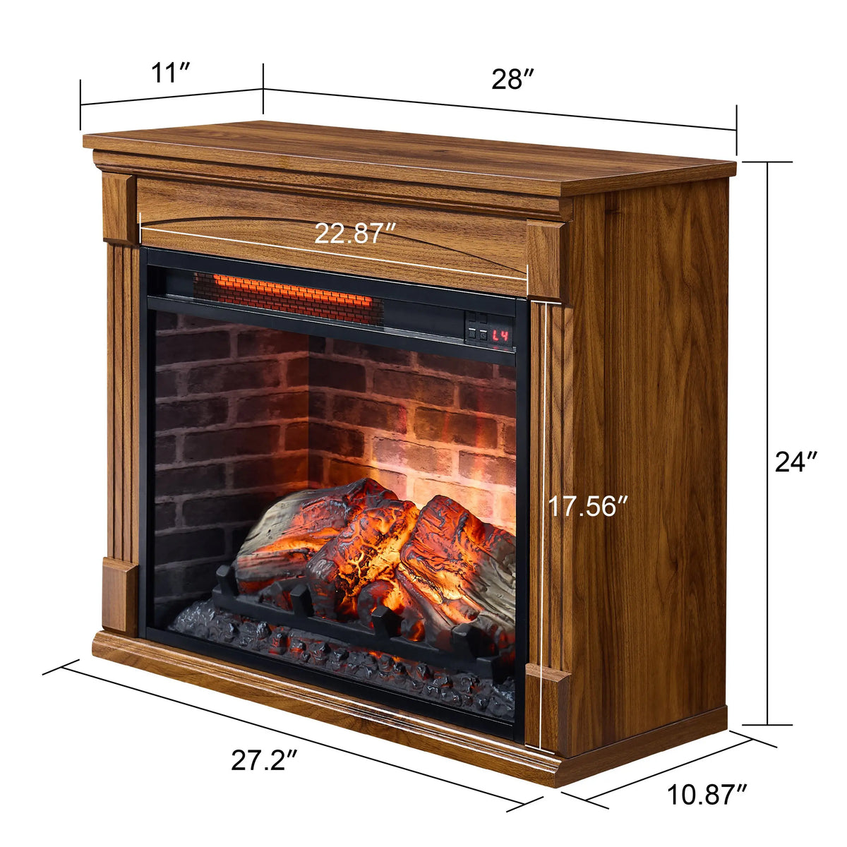 Electric fireplace media center for 65" TVs with adjustable temperature settings.