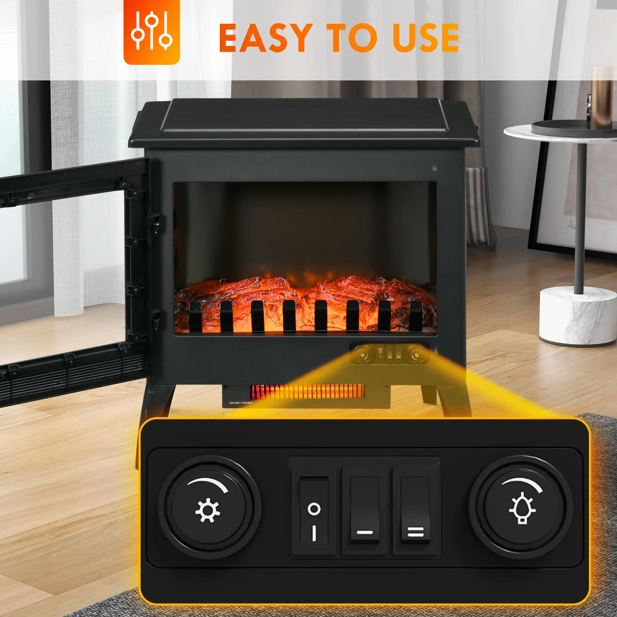 Freestanding electric fireplace with 3-sided glass for a panoramic flame view