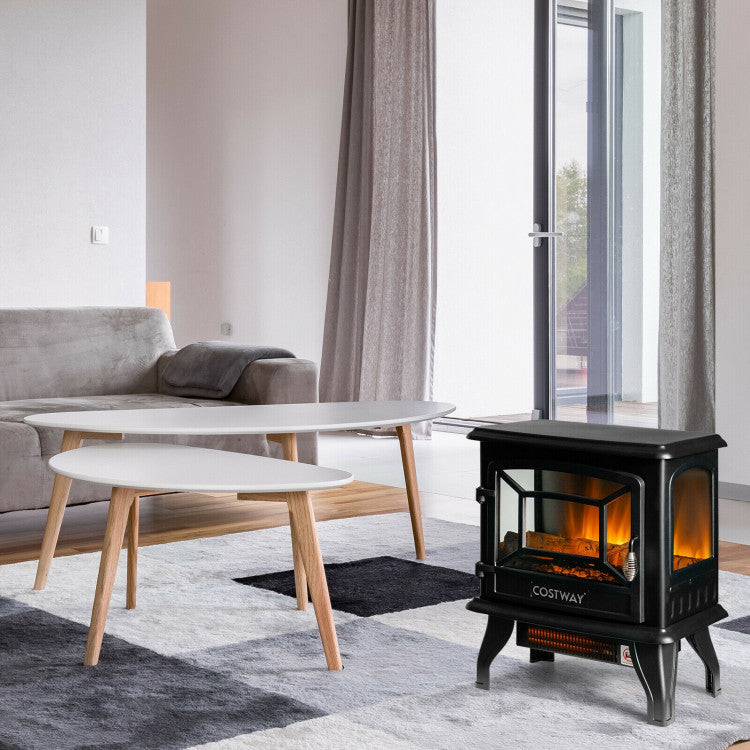 Three-sided panoramic view showcasing lifelike flames of the electric fireplace heater.