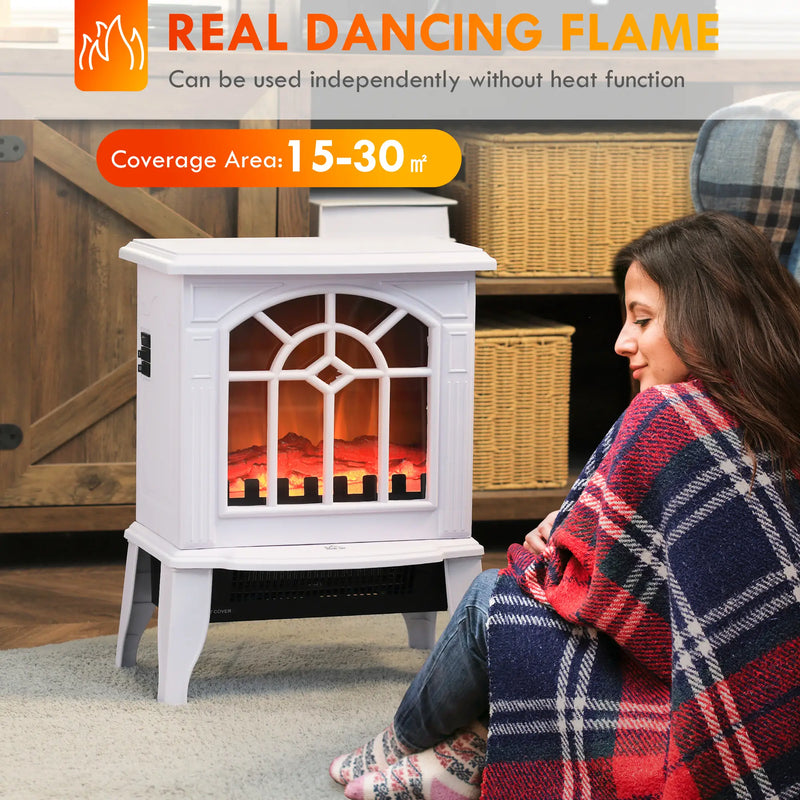 Realistic LED flame effect on an energy-efficient electric fireplace heater with safety features
