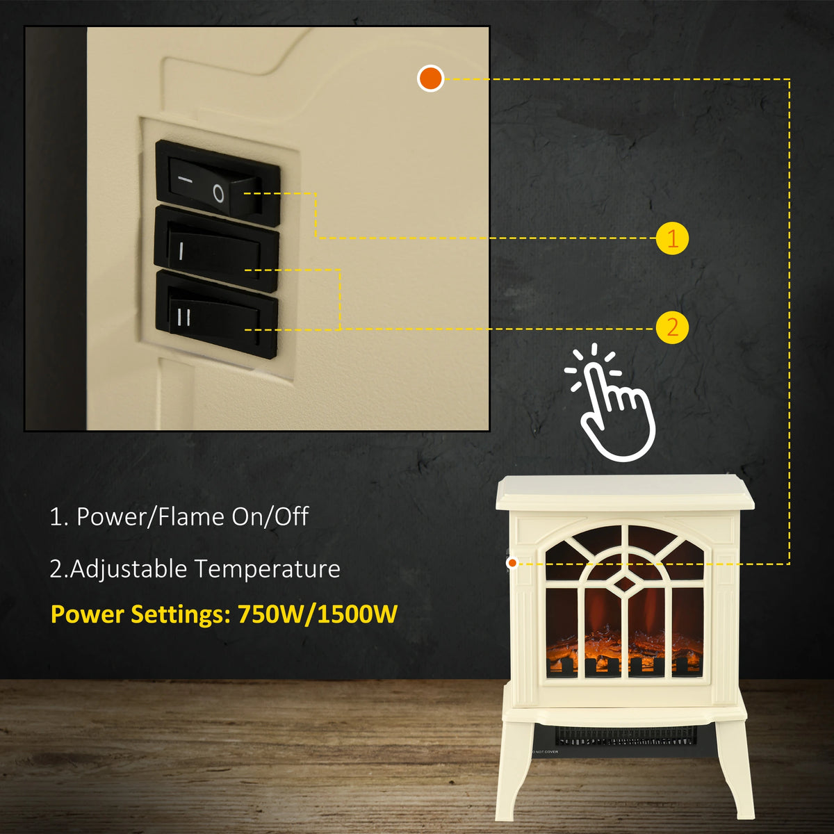 Realistic LED flame effect on an energy-efficient electric fireplace heater with safety features
