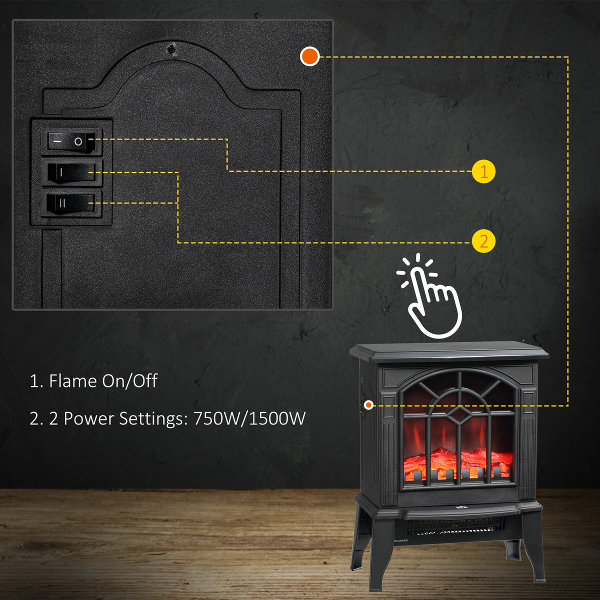 Realistic LED flame effect on an energy-efficient electric fireplace heater with safety features