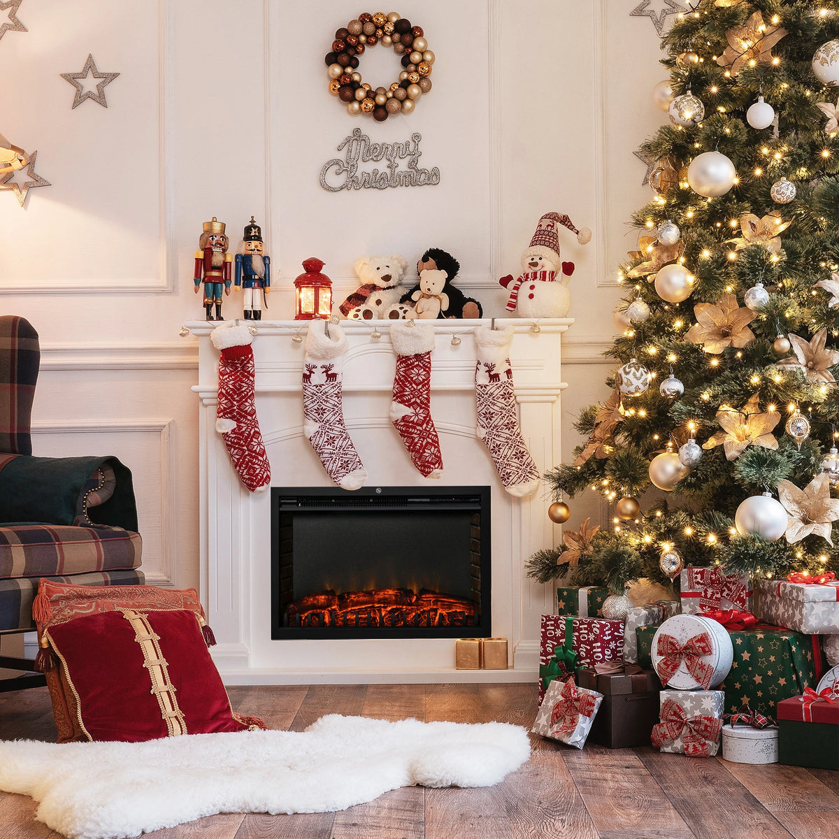 Black electric fireplace insert with adjustable brightness and heat settings