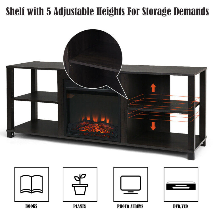Modern electric fireplace media cabinet with adjustable shelves
