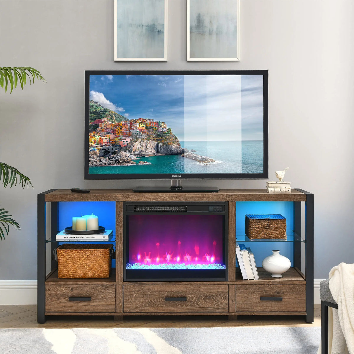 60-inch electric fireplace media center with LED flames and storage