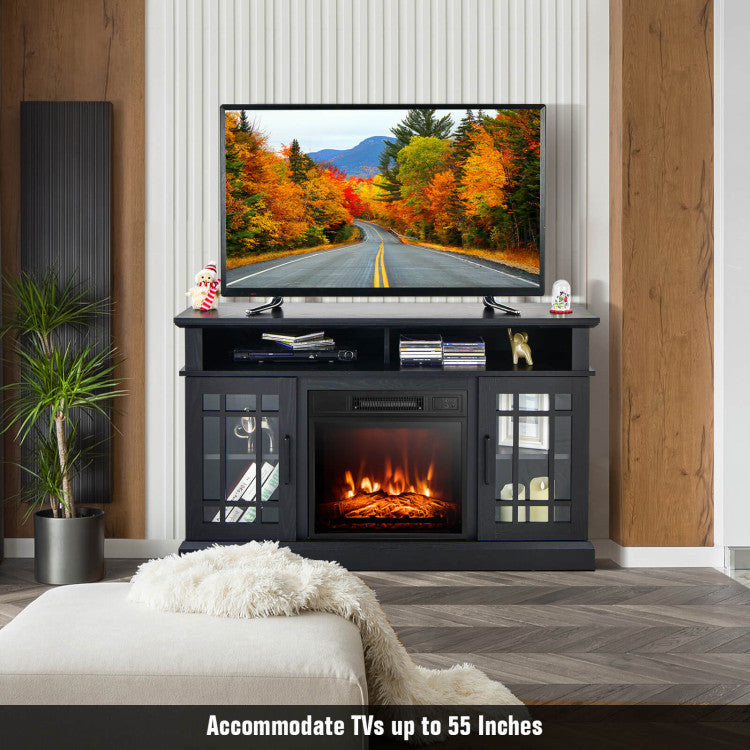 Angled view of media console with fireplace