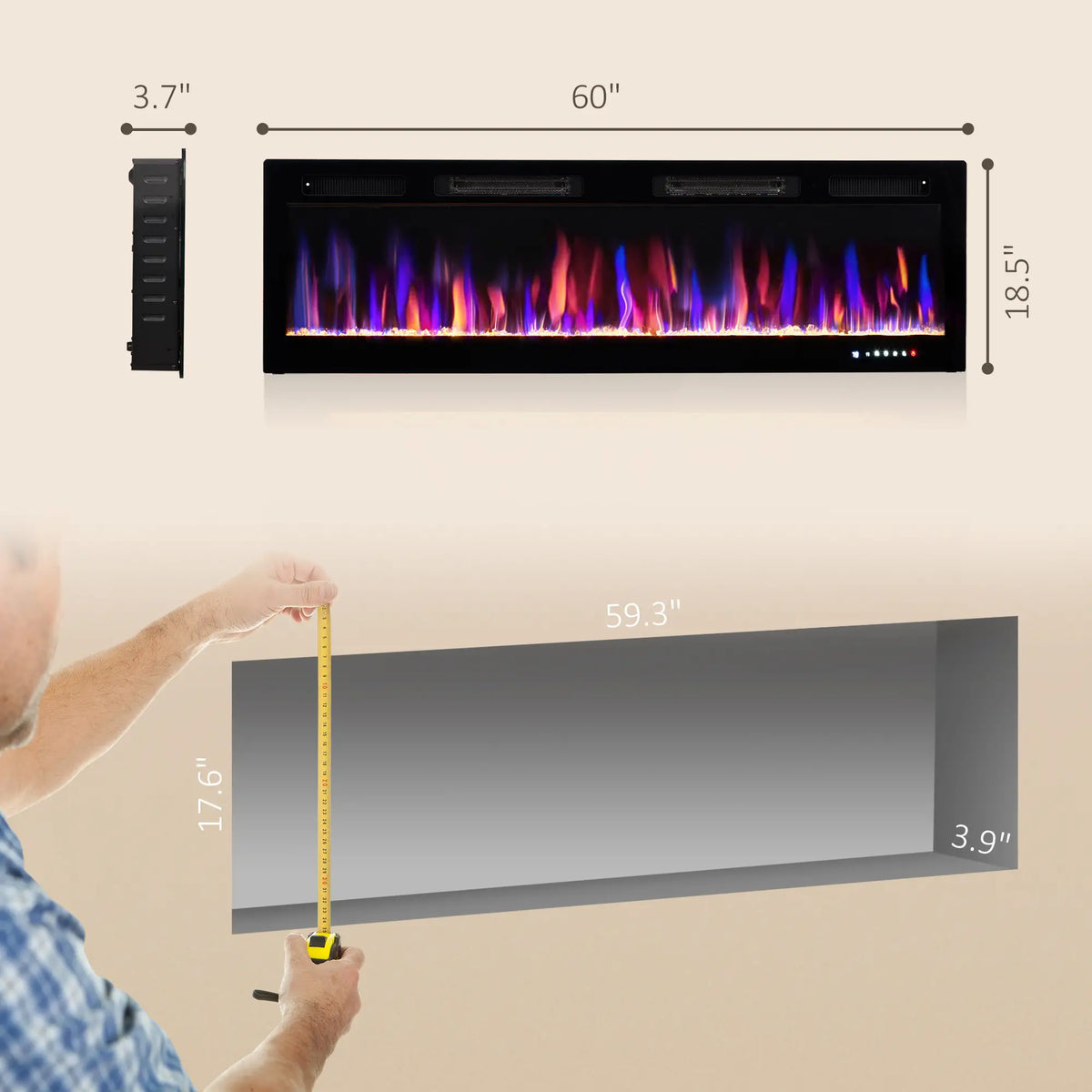 Recessed electric fireplace insert with customizable flame effects.