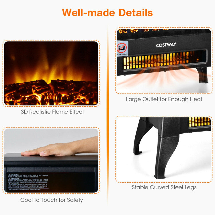 Modern compact design electric fireplace stove with decorative flame effect and portable structure.
