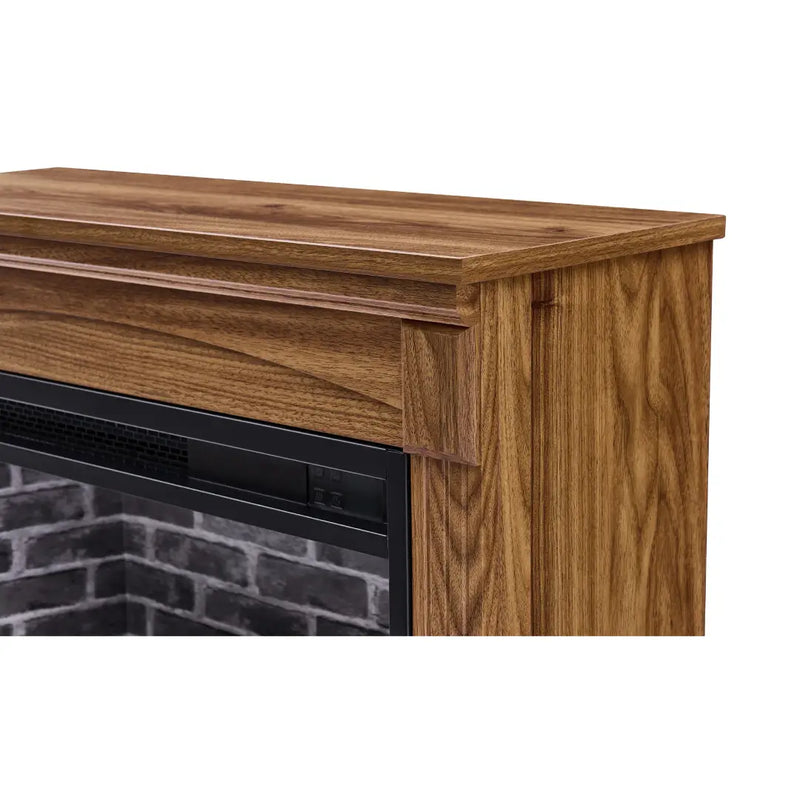 Electric fireplace TV cabinet with adjustable flame brightness in dark oak finish.