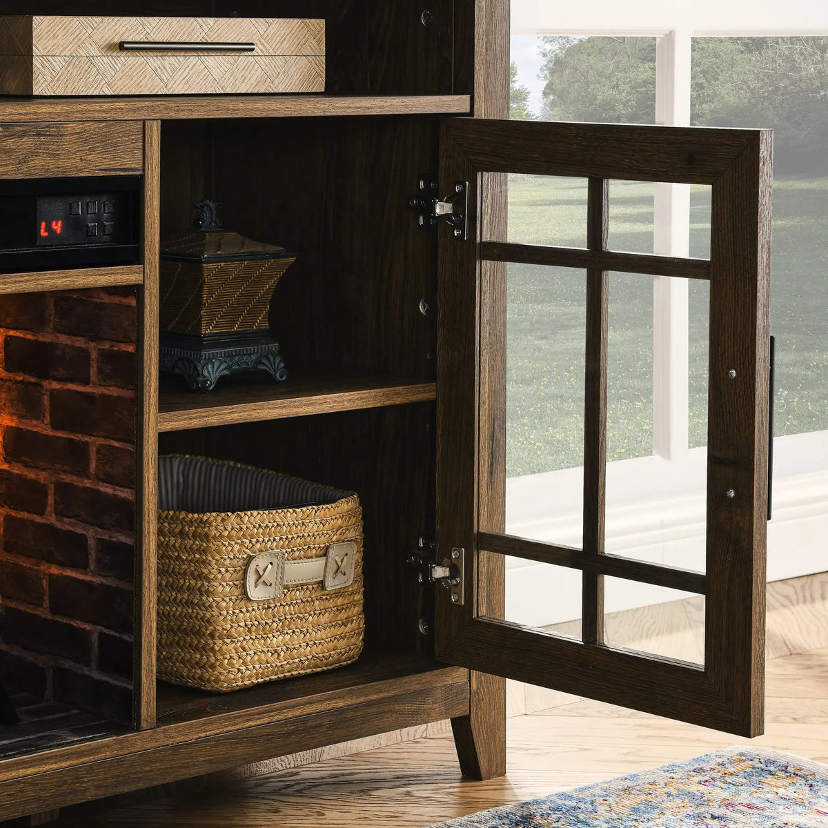 Modern reclaimed barnwood TV cabinet with electric fireplace and cable management