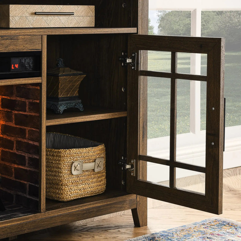 Modern reclaimed barnwood TV cabinet with electric fireplace and cable management