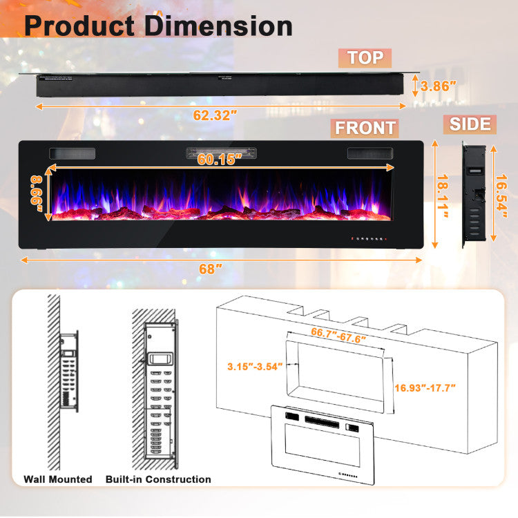 68 Inch Wall Mounted Electric Fireplace with Multicolor Flame