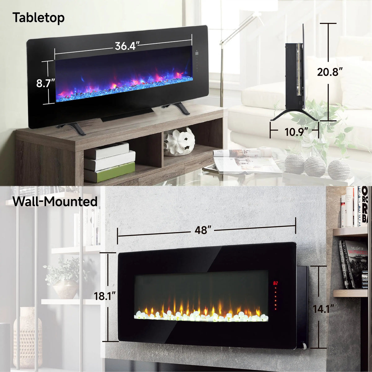 Three burning modes: Logs, Crystals, Pebbles in electric fireplace for varied ambiance.