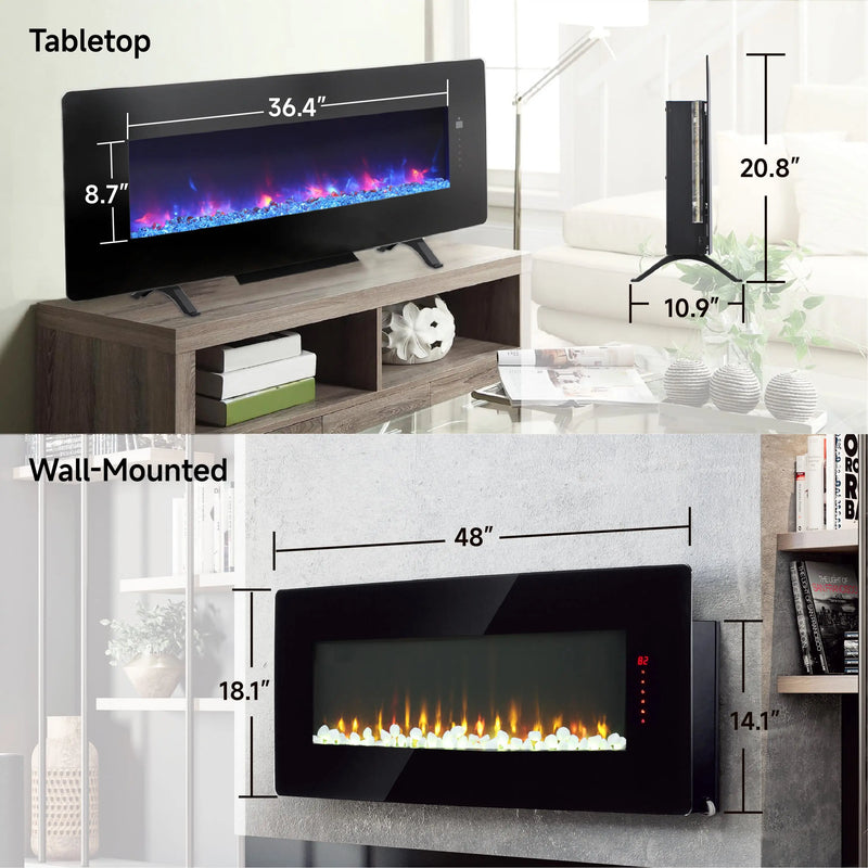 Three burning modes: Logs, Crystals, Pebbles in electric fireplace for varied ambiance.