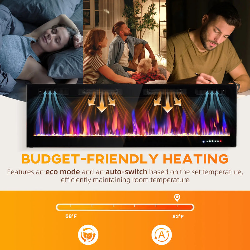 Smart electric fireplace with remote control and adjustable timer.