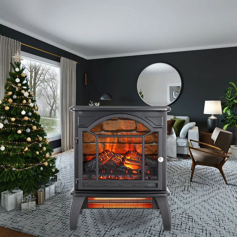 Electric wood stove heater with remote control and adjustable settings