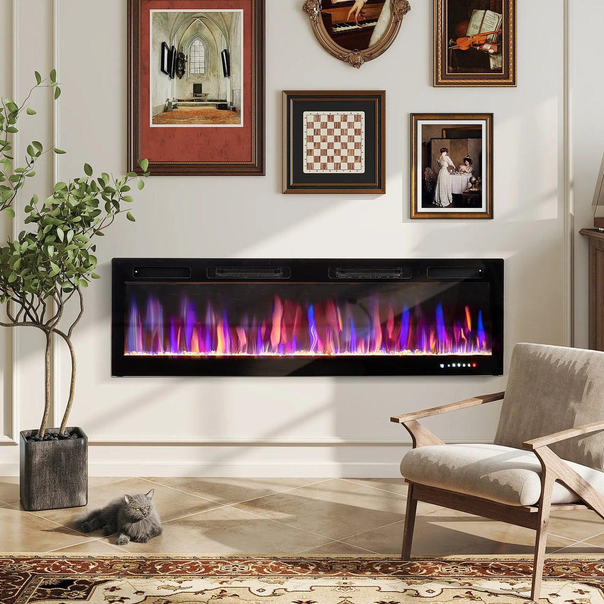 Energy-saving electric fireplace with eco mode and dual heat settings.