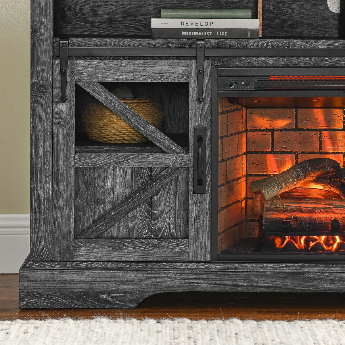 Energy-efficient electric fireplace entertainment center with safety features