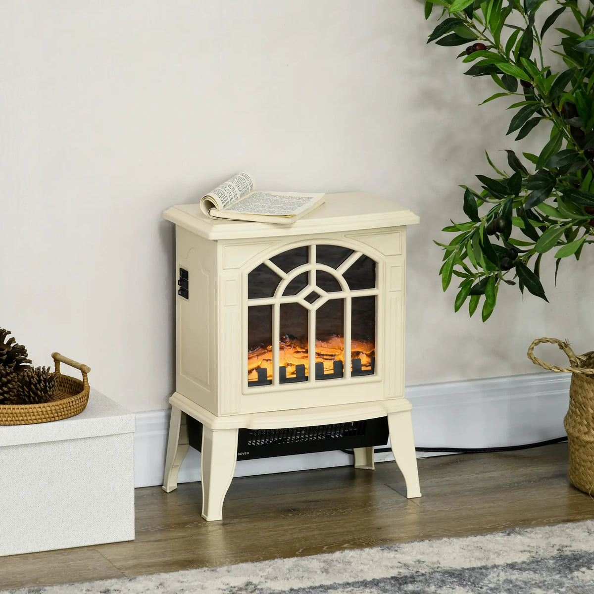 Modern cream electric fireplace with safety auto shut-off and durable tempered glass