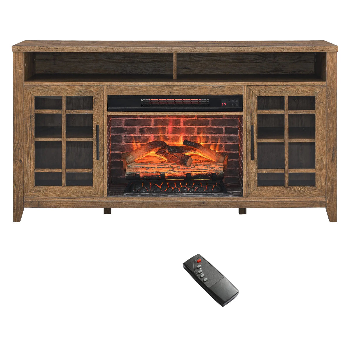 55-inch entertainment center with electric fireplace and storage shelves