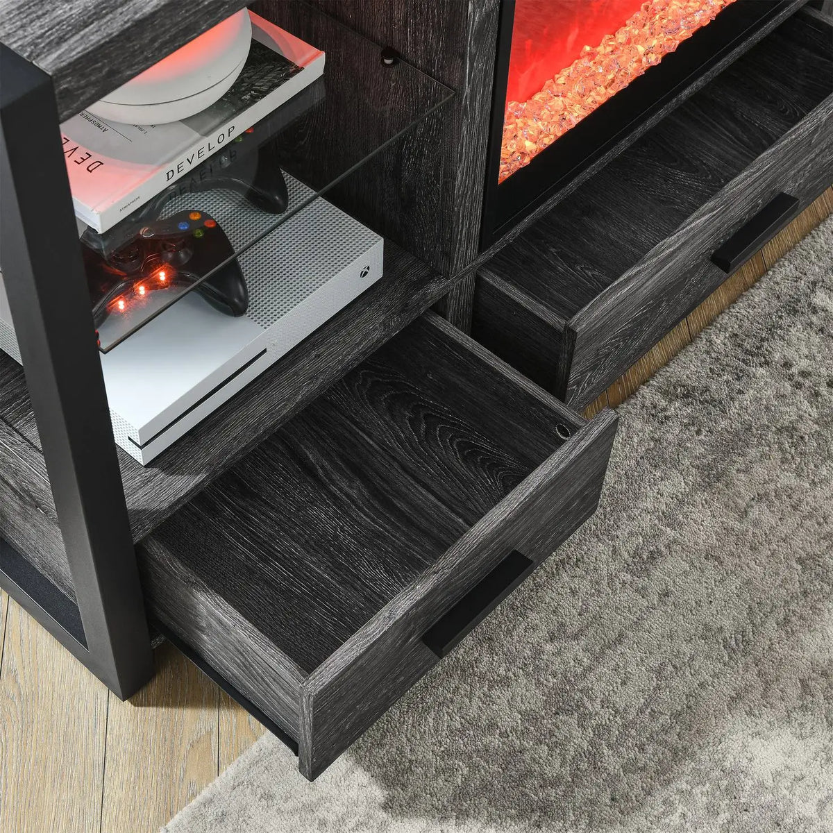 Entertainment center with fireplace for 65-inch TV, farmhouse style