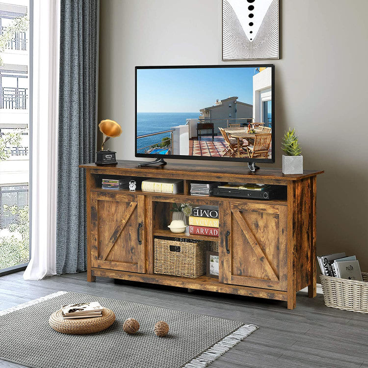Entertainment center featuring side cabinets and open media shelves