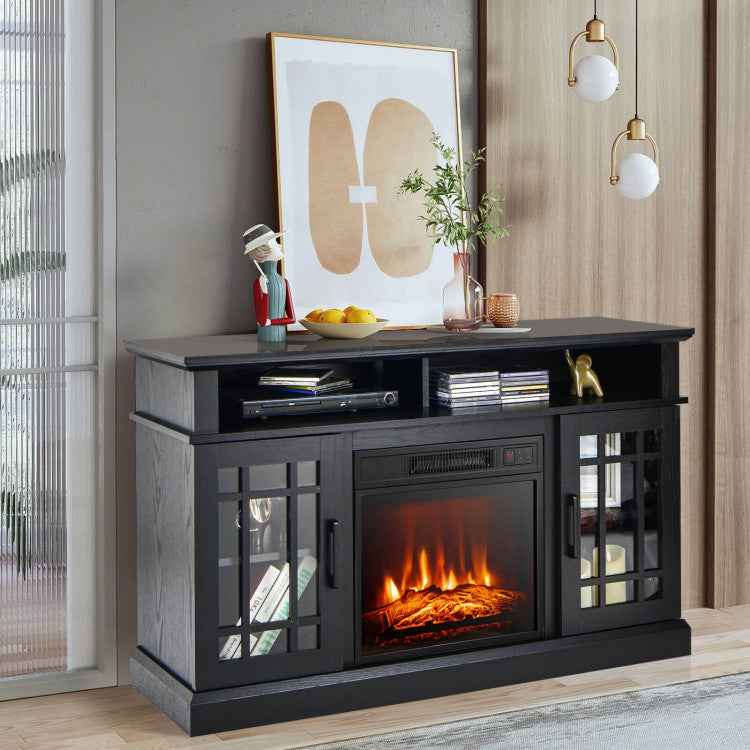  Open shelves of entertainment center with fireplace