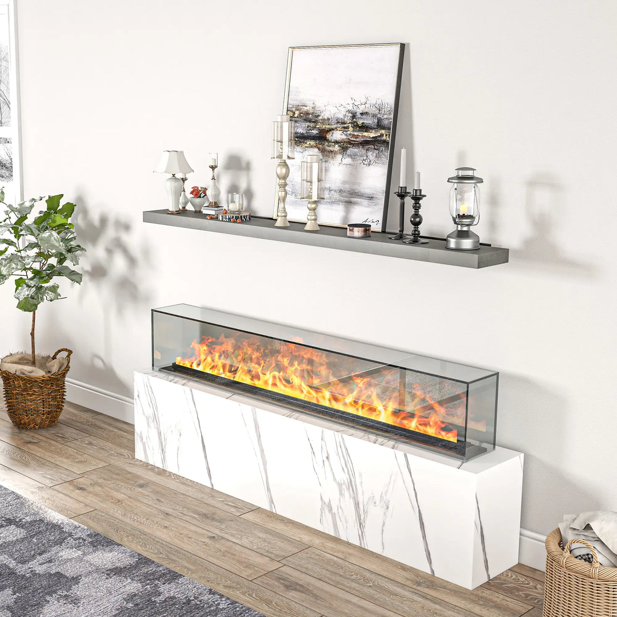 Faux fireplace mantel shelf, wall-mounted installation