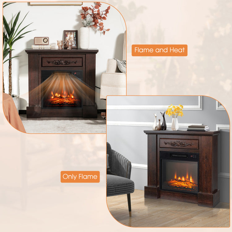 Faux wood mantel with realistic flame glow