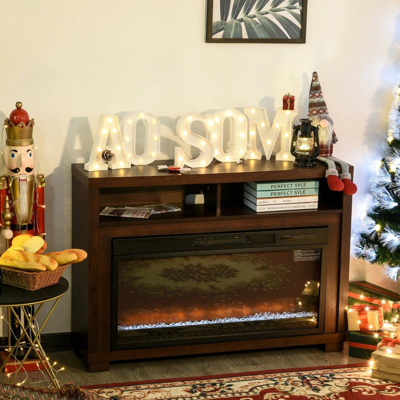 Modern brown fireplace entertainment cabinet with remote control.