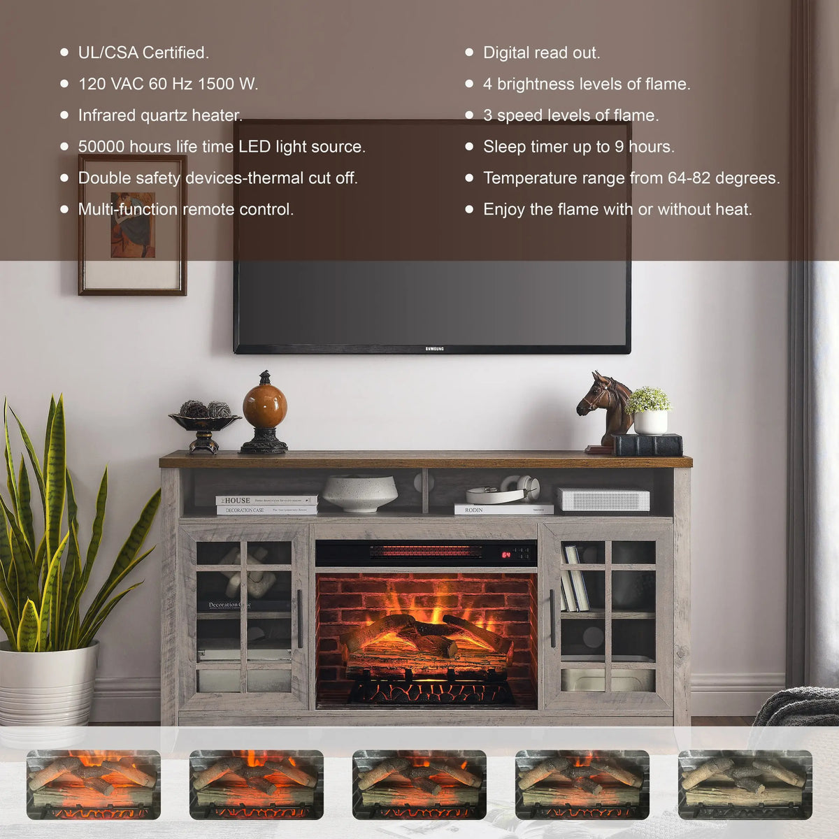 Entertainment center with adjustable shelves and built-in electric heater