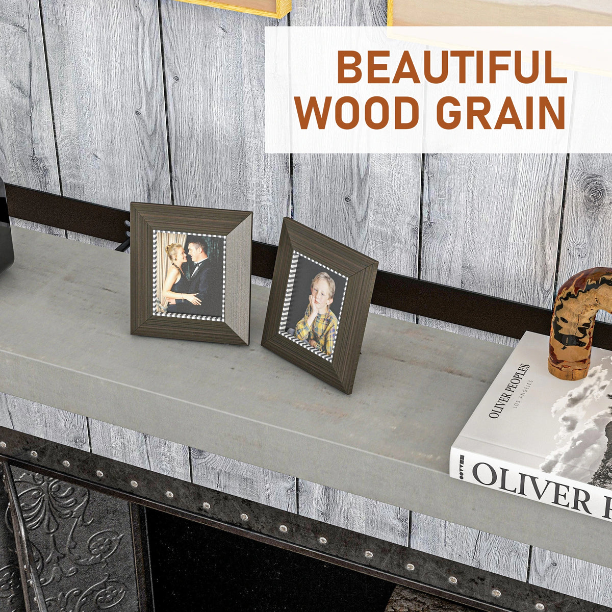 Wood fireplace mantel with realistic hewn edges and grain