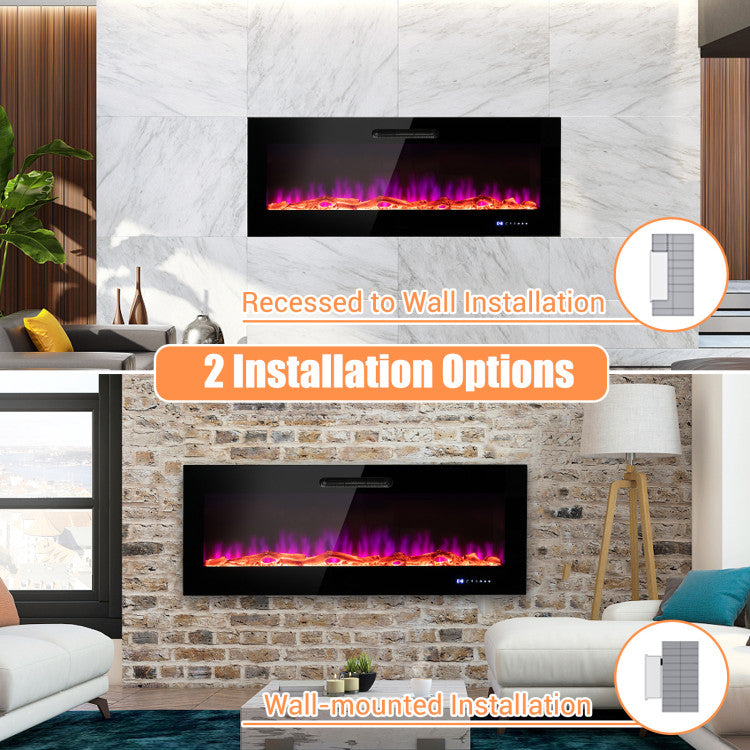 Fireplace mounted on wall above cabinet and shelving