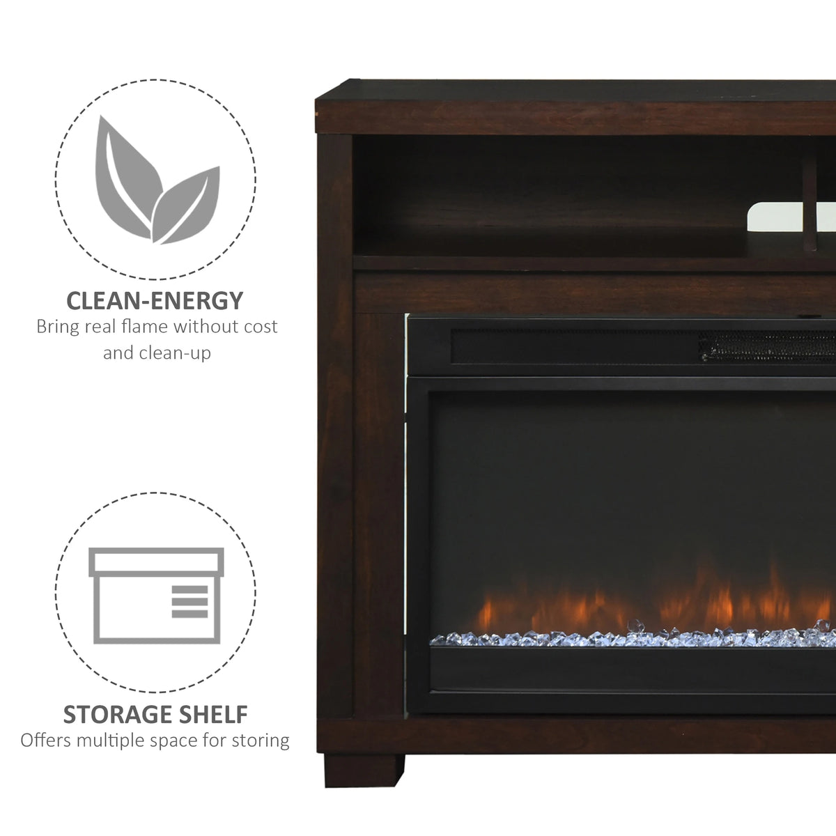 Electric fireplace TV console with 1400W heater.