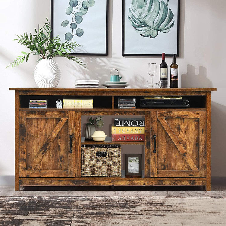 60 Inch Fireplace TV Stand front view with storage cabinets and shelf