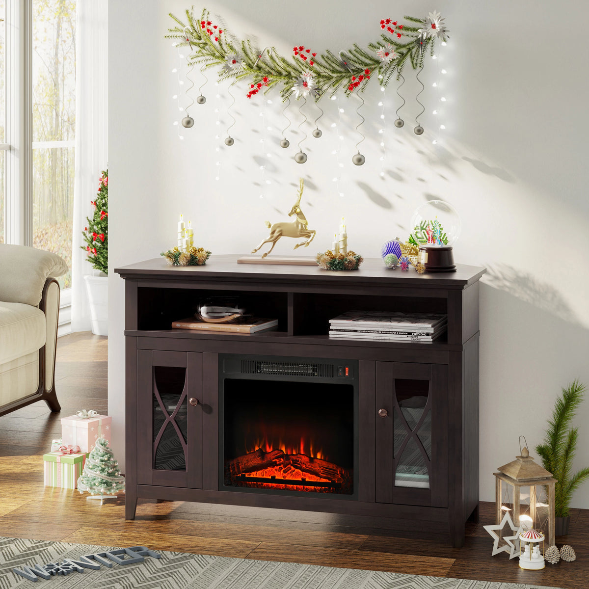 Electric Fireplace TV Stand with Storage Cabinets & Adjustable Shelves