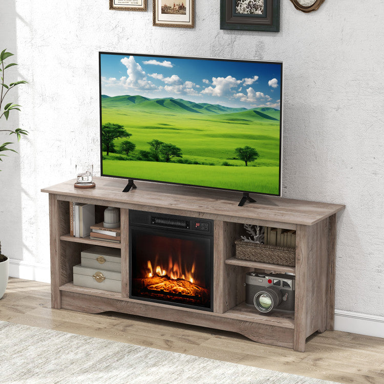 Adjustable shelves in TV stand with fireplace feature