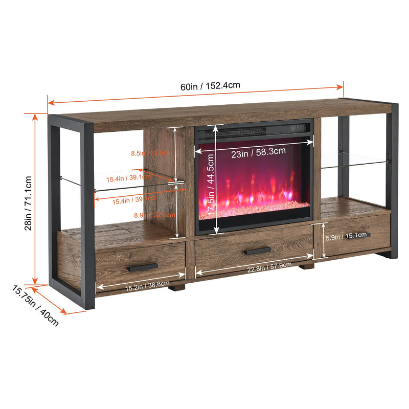 Fireplace TV unit with built-in storage shelves and glass doors
