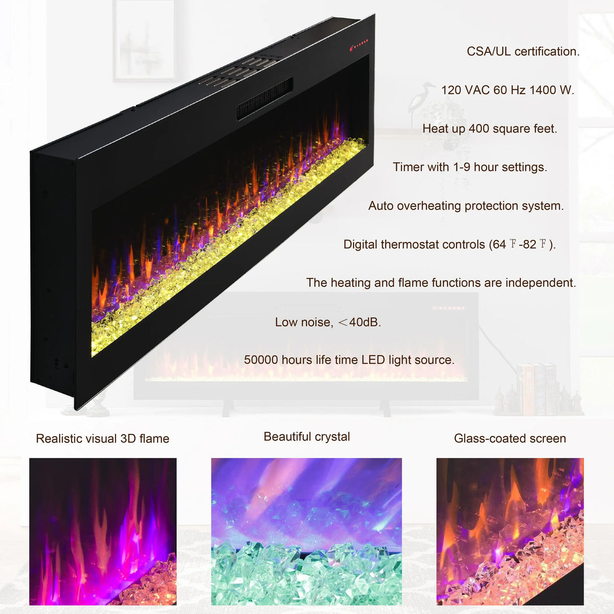 Electric fireplace with 16 adjustable flame colors