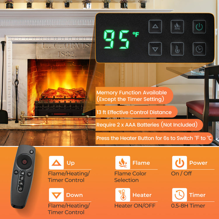 Electric fireplace featuring memory function and 0.5 to 8-hour timer