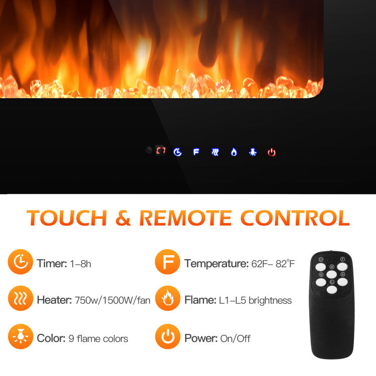 Flat wall mounted electric fireplace installed in cozy bedroom