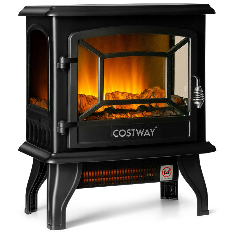 Front view of 17-inch freestanding electric fireplace heater with realistic flame effect