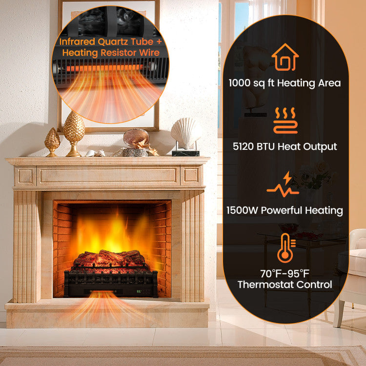 Freestanding electric fireplace log heater adding ambiance to living room