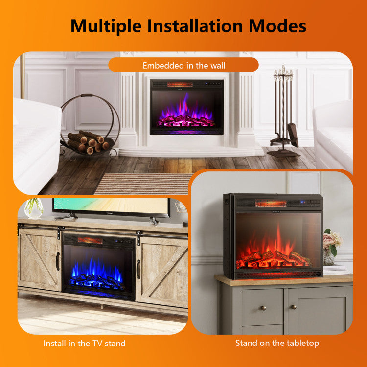 Freestanding electric fireplace used in cozy bedroom setting