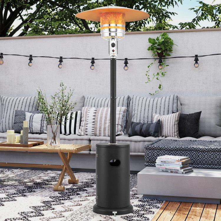 Gas patio heater warming outdoor space during the evening