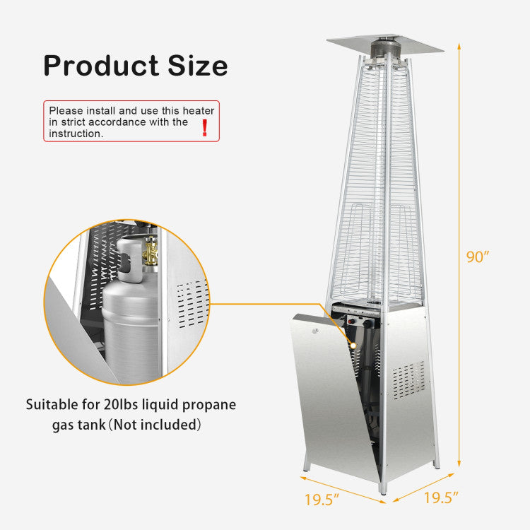 Outdoor pyramid heater with glowing flame at night