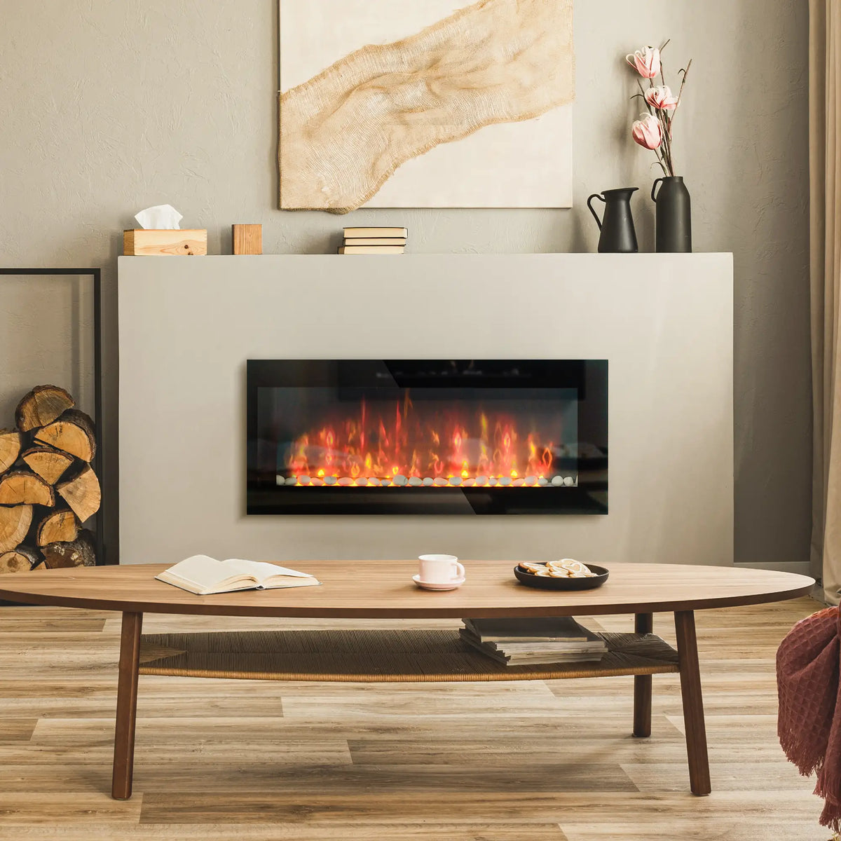 Black HOMCOM freestanding electric fireplace heater with a modern design and realistic flames.